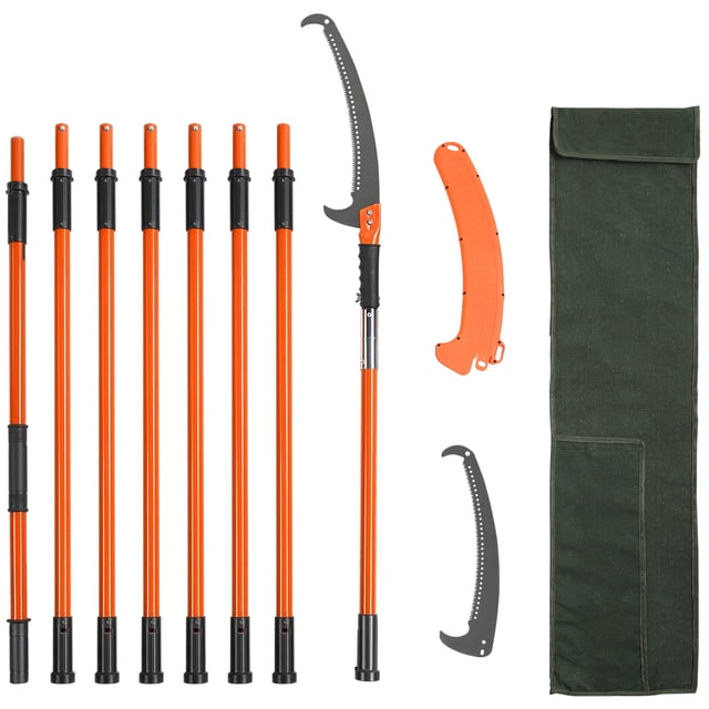 VEVOR Manual Pole Saw, 7.3-27 ft extendable tree pruner with 8 detachable orange fiberglass poles, sharp steel blade with hook knives for trimming high branches, palms, and shrubs. Includes a green storage bag, saw sleeve for safety, and additional accessories for manual branch trimming.