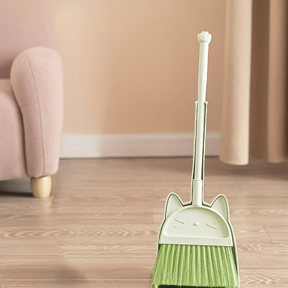 Juego de escoba y recogedor para niños | Mango de acero inoxidable | Cabezal giratorio de 180° | Peine integrado | Diseño compacto | Morado, verde y beige