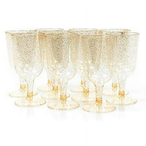 MATANA 50 Gold Glitter Plastic Wine Glasses, 6oz - Sturdy & Reusable