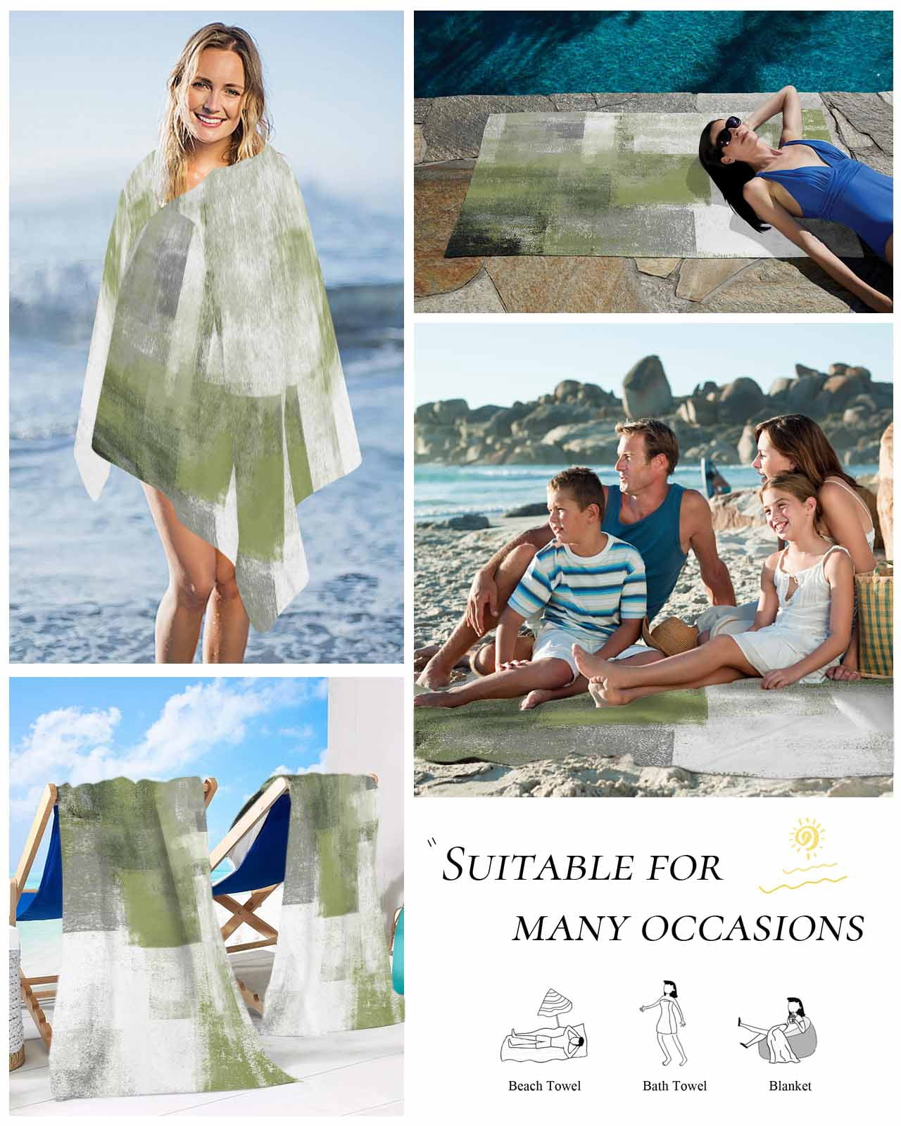 Sage Green Ombre Beach Towels Oversized Super Absorbent, Vintage Shabby Abstract Plaid Art Lightweight Bath Towel Quick Dry Sets For Bathroom/Pool/Rv Camping/Beach Play/Gym Room/Picnic 31"x62"