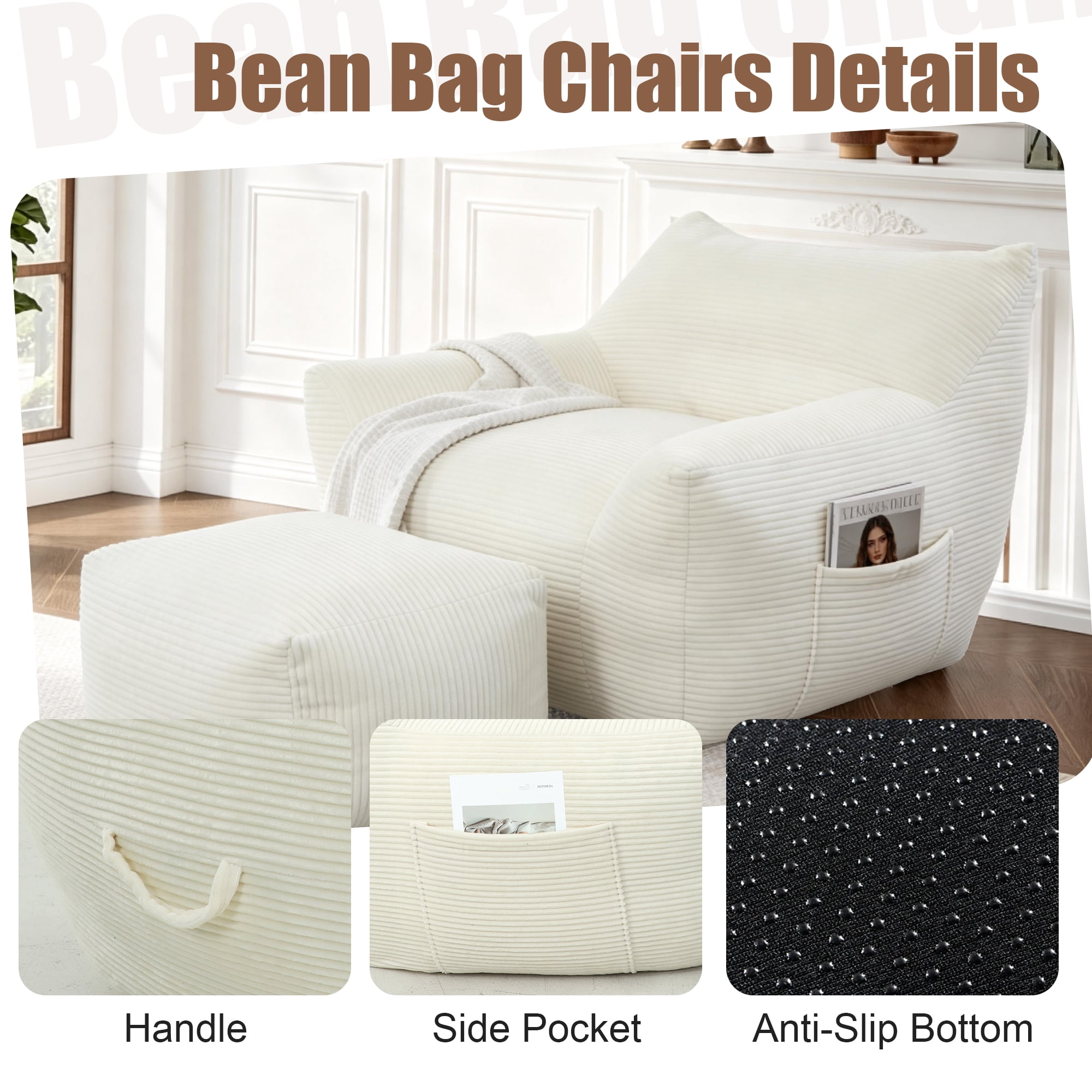 Bean Bag Chair for Adults, Oversized Comfy Beanbag Living Room Lazy Sofa for Bedroom & Dorm