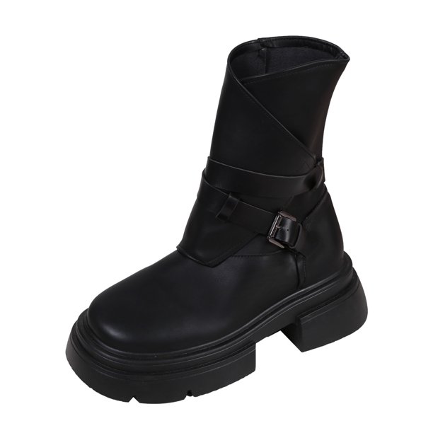 NECHOLOGY Botas Mujer Adulto Femenino Zapatos Botines mujer Botas de fondo grueso con cremallera decorativa y hebilla de cinturón de cuero sólido a la moda para mujer (Black, 8)