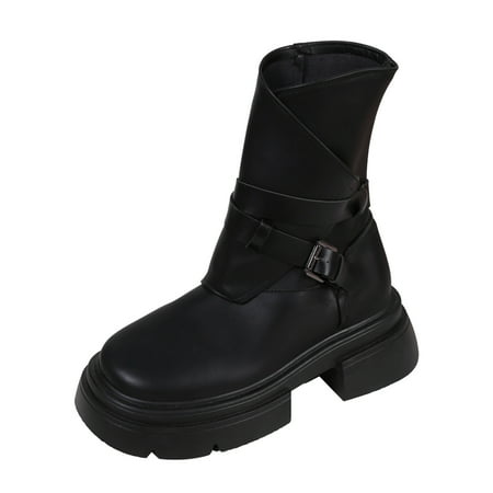 

Womens Short Booties Ladies Fashion Solid Leather Belt Buckle Decoration Zipper Thick Bottom Short Boots