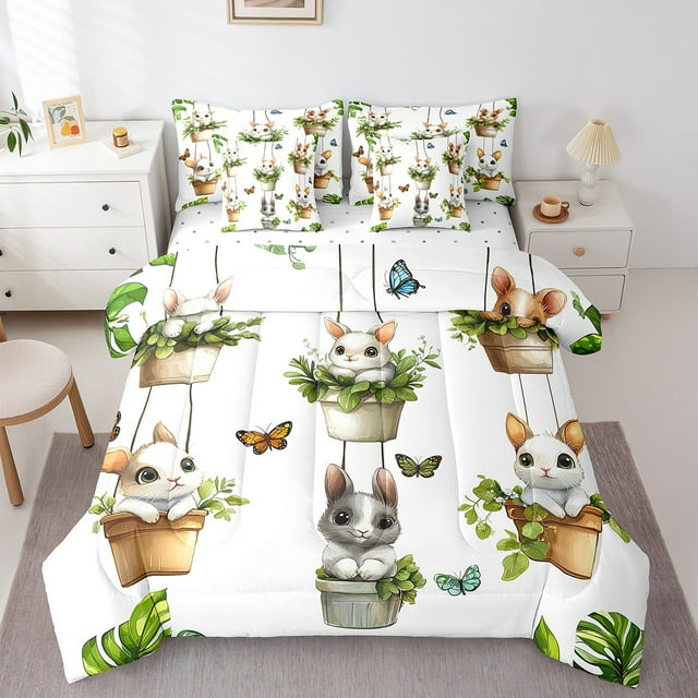 YST Kawaii Rabbit Ensemble de Lit 7 Pcs Mignon Rabbit Ensemble de Lit Simple, Ensemble de Literie Papillon Coloré avec Couette Plantes en Pot Naturelles Housses de Coussin Ensemble de Draps Floraux Botaniques