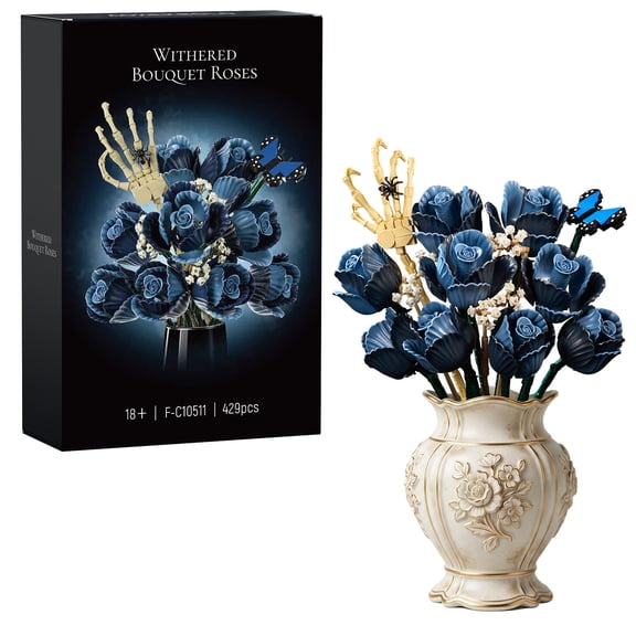 Skull Bouquet Building Block Sets Halloween Gothic Flowers Roses Collectible Room Decor Gift Valentine's Day Gifts for Women Adults