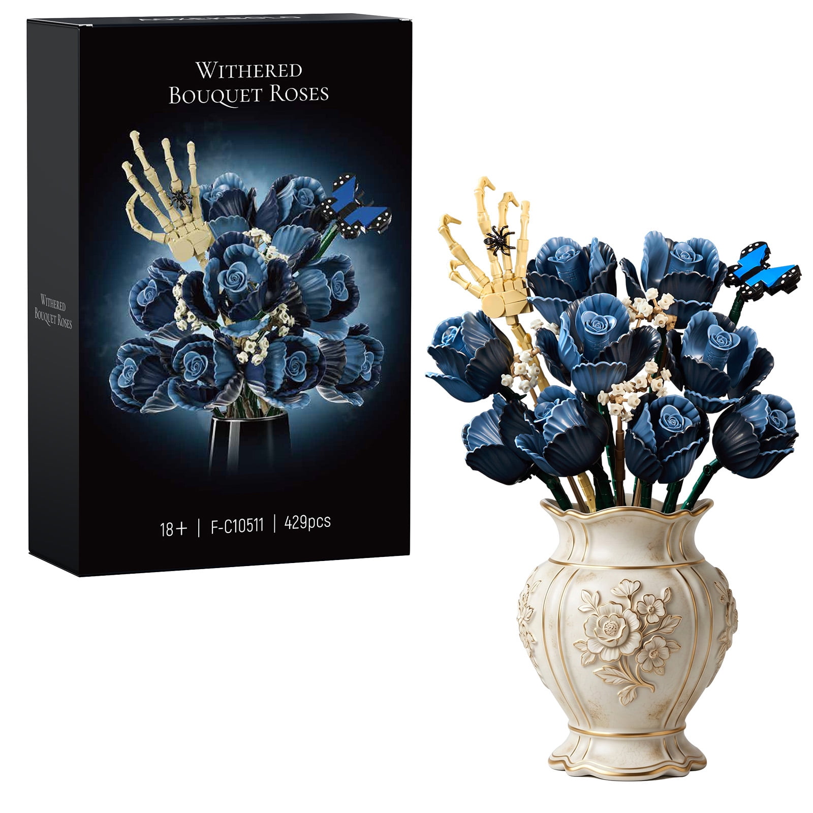 Skull Bouquet Building Block Sets Halloween Gothic Flowers Roses Collectible Room Decor Gift Valentine's Day Gifts for Women Adults