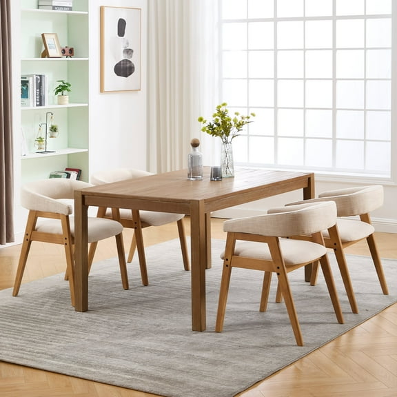 Guyou Modern Dining Chairs Set of 4, Linen Upholstered Wooden Kitchen Side Chairs, Barrel Armchair with Curved Backrest for Dining Room Kitchen Living Room, Beige