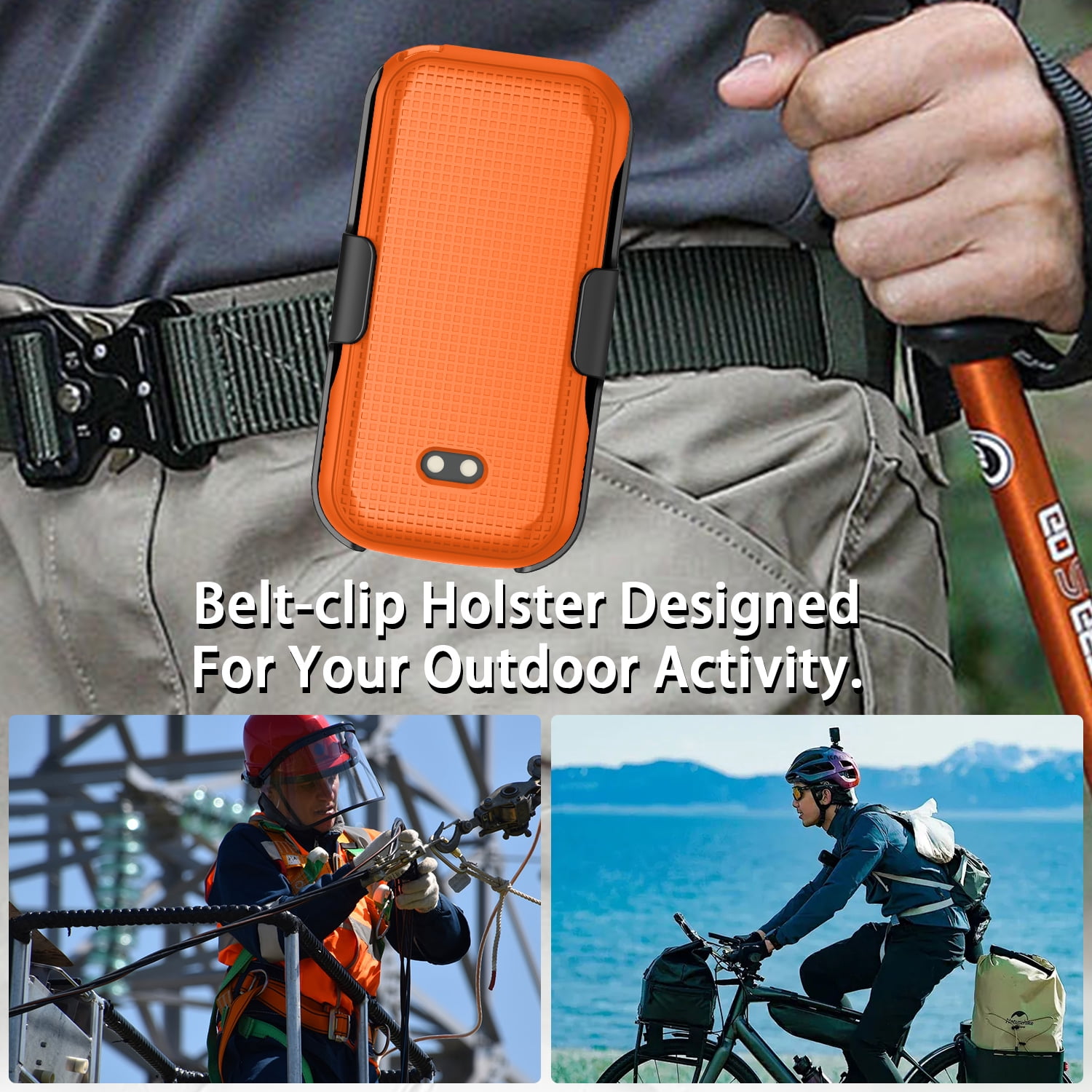 Nakedcellphone Case and Belt Clip Combo for Sonim XP3plus 5G Flip Phone (XP3 Plus X320, 2025), Textured Hard Cover and Holster/Holder - Bright Orange