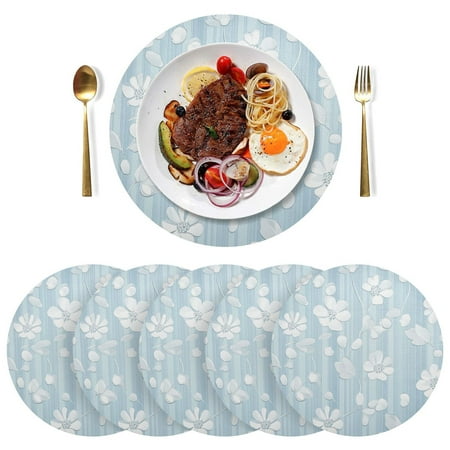 

Round Placemats Plate Mats 15 Inch Non-Slip Heat Resistant Washable PVC Set Table Decoration for Kitchen Dining Delicate White and Blue Flowers