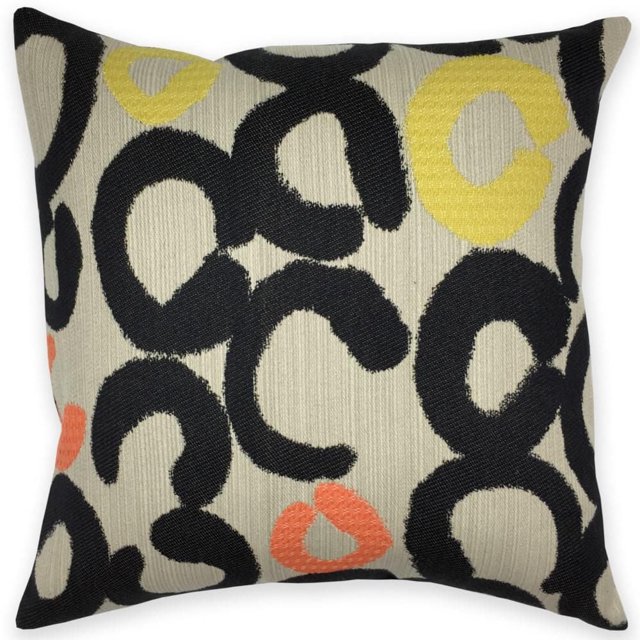 Homeport Ameoboid decorative pillow featuring an abstract amoeboid pattern in black, yellow, and orange on a beige textured fabric.