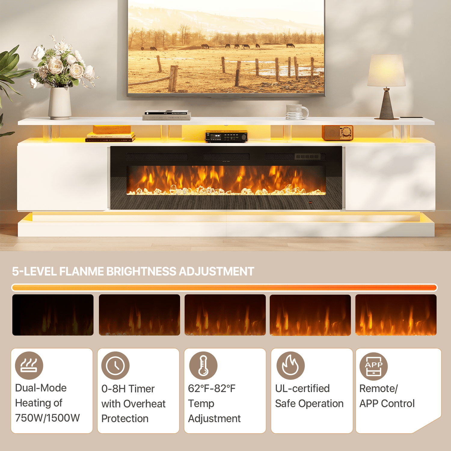 BaPiPro 90" Fireplace TV Stand for TVs up to 100", Modern Entertainment Center TV Console with Storage for Living Room, White TV Stand and Black Fireplace