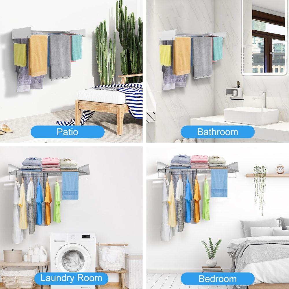 BEAMNOVA Wall Mounted Clothes Drying Rack, 31.5" Foldable Laundry Hanging Drying Rod, Towel Rack, 5 Rods, Aluminum