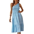 thumbnail image 1 of Vestido de verano con estampado floral para mujer, informal, con dobladillo empalmado, sin mangas, con un hombro fruncido, para citas, azul，S, 1 of 5