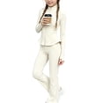 thumbnail image 4 of hotojiny Girls 2 Piece Athletic Outfit Full Zip Workout Jacket High Waist Flare Leggings Tracksuit Kids Yoga Activewear(Beige,14-15 Years), 4 of 8