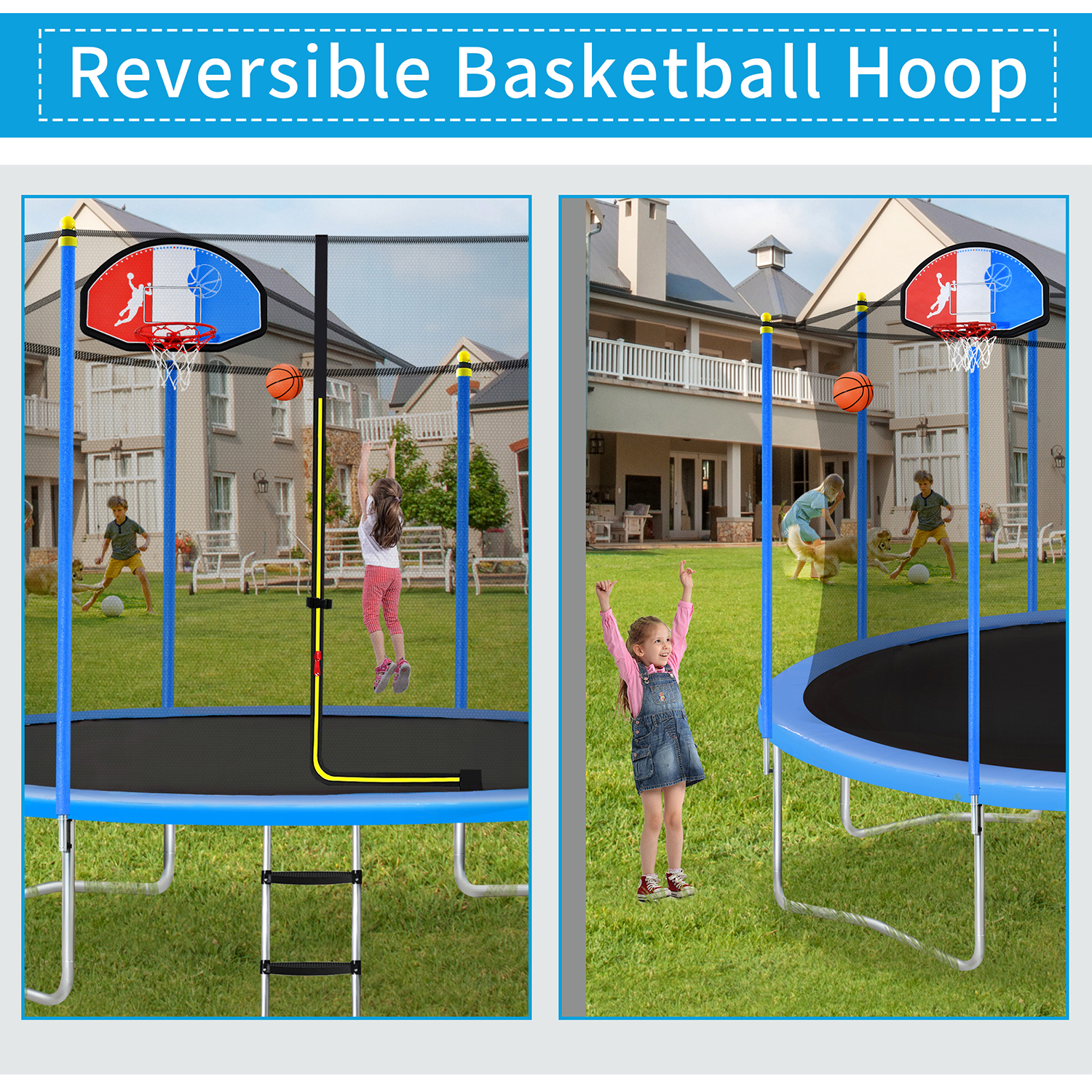 Kadyn 12FT Toddlers Trampoline, Metal Mini Small Trampolines with Safety Enclosure Net, Basketball Hoop and Ladder, Recreational Trampoline for Kids, Blue Kadyn 12FT Toddlers Trampoline, Metal Mini Small Trampolines with Safety Enclosure Net, Basketball Hoop and Ladder, Recreational Trampoline for Kids, Blue