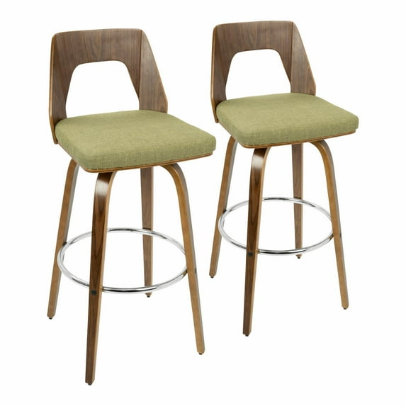 Trilogy 30" Mid-Century Modern Fixed Height Barstool With Swivel In Walnut And Green Fabric - Set Of 2