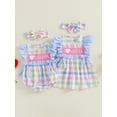thumbnail image 3 of BemeyourBBs Baby Girl Matching Sister Outfits I Love Mama Baby Summer Clothes Mothers Day Outfit Plaid Bow Flying Sleeve Romper Toddler Baby Girl Dress and Headband Set, 3 of 9
