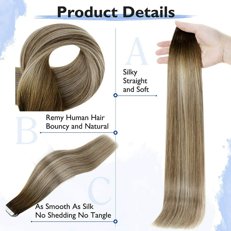 Full Shine Invisible Tape in Hair Extensions 20Pcs 20 inch Balayage Brown  and Blonde Hair Extensions 50g Straight Remy Hair
