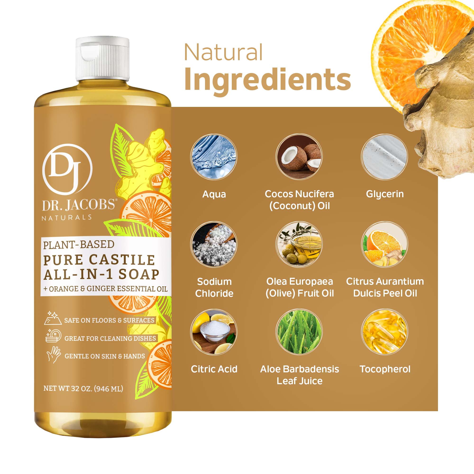 Dr. Jacobs Naturals Orange & Ginger Castile Soap All-In-One Cleaner Plant-Based Formula, 32 Fl. Oz. 3-Pack