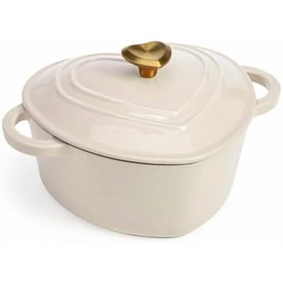 Enameled Cast Iron Dutch Oven Heart-Shaped Pot with Lid, Dual Handles, Works on All Stovetops, Oven Safe to 500°F, 2-Quart, Cream