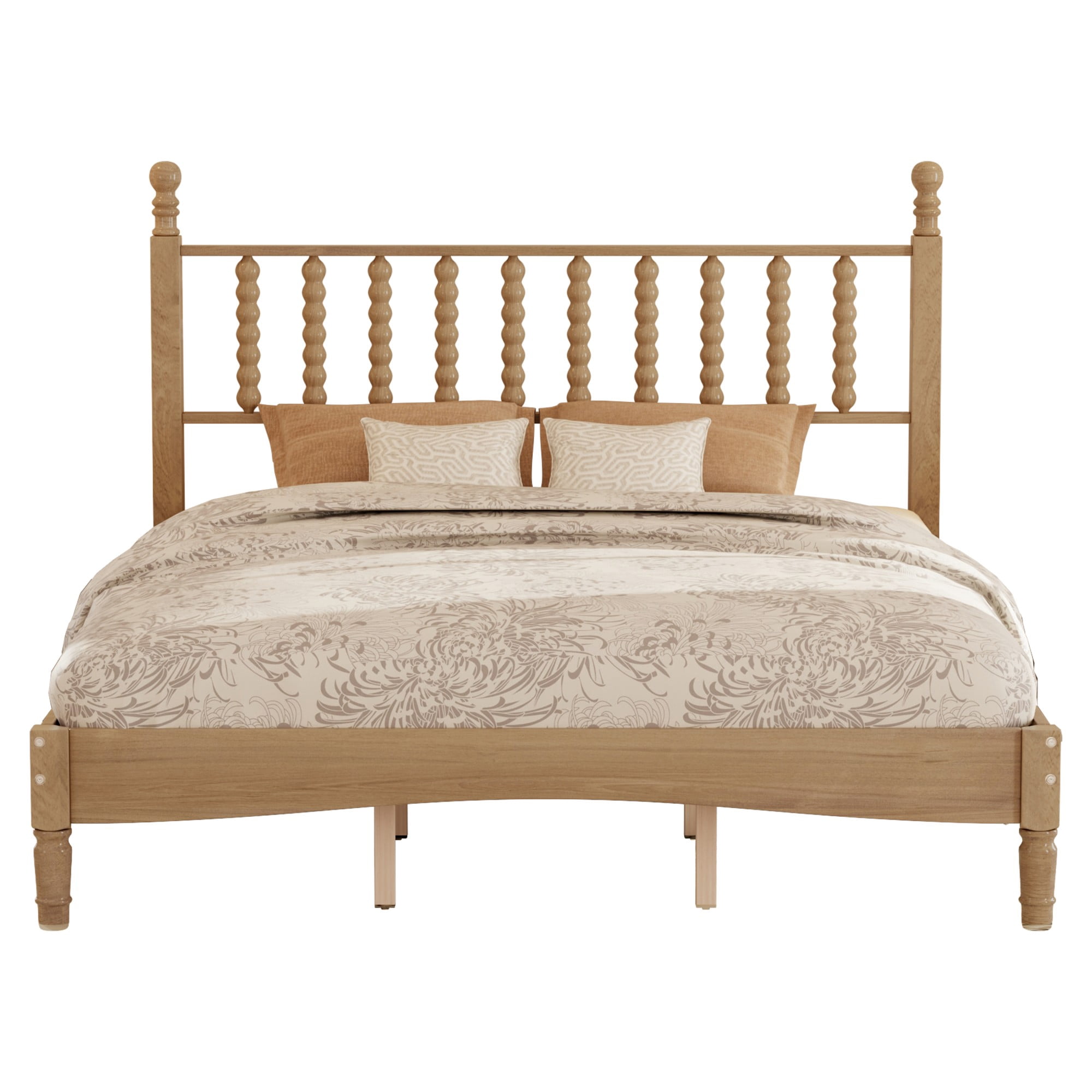 Aukfa Queen Size Bed Frame with Gourd Shaped Headboard, Wood Platform Bed, Oak