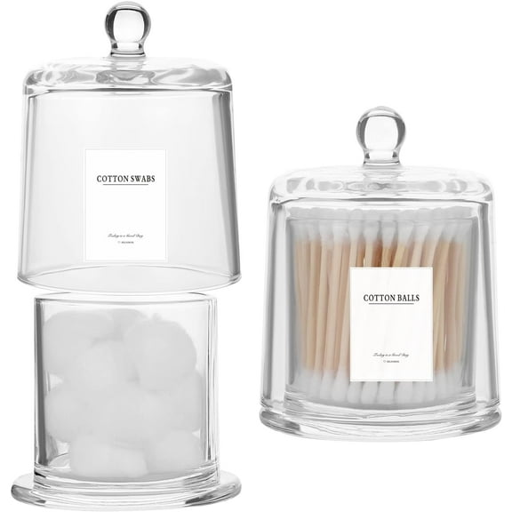 2 Pack Qtip Holder Thick Glass Apothecary Jars with Lid for Bathroom Accessories Vanity Organizers and Makeup Storage Cotton Ball, Swabs, Sponges, Candy, Jewelry, Clear