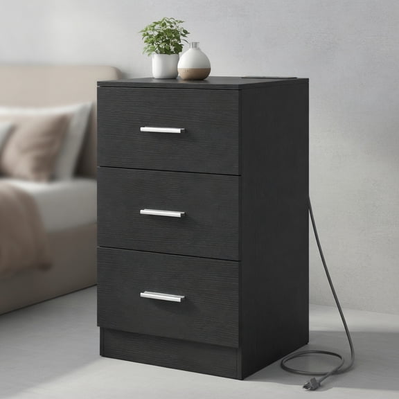Resenkos Nightstand with Charging Station and 3 Storage Drawers, Modern End Table, Bedside Table for Bedroom, Black