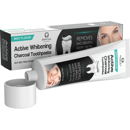 Dental Expert Activated Charcoal Teeth Whitening Toothpaste DESTROYS BAD BREATH - Best Natural Black Tooth Paste Kit - Herbal Decay Treatment - 105g (Mint (Best Toothpaste For Whitening And Cleaning)