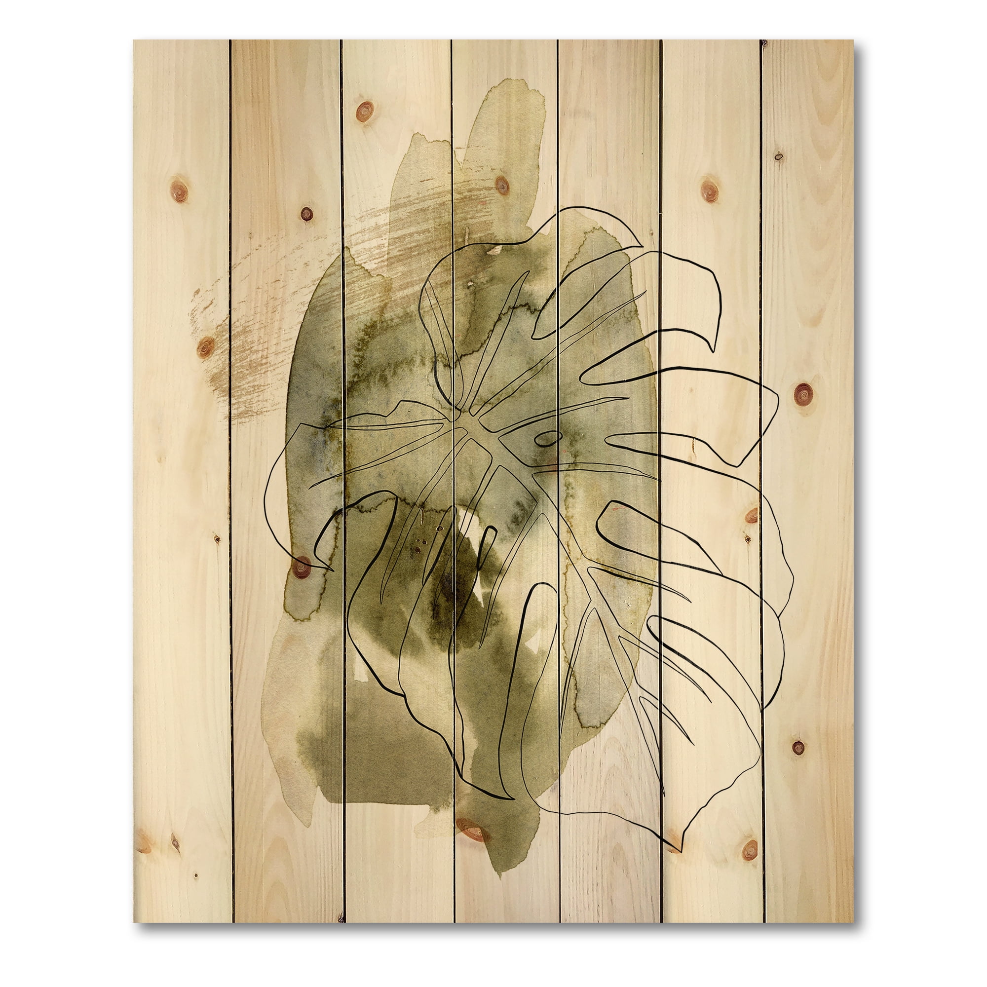 Designart 'Line Art Monstera Branch Tropical Abstract Leaves on Green' Traditional Print on Natural Pine Wood