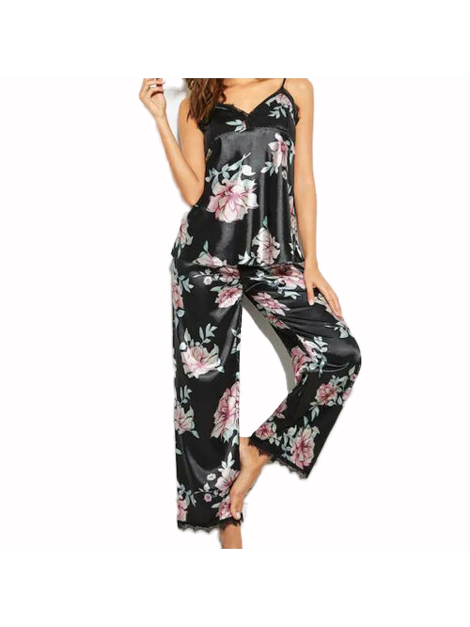 Ladies Satin Pyjamas Sets Summer Womens PJs Shirt Collar Silk Sleepwear ...