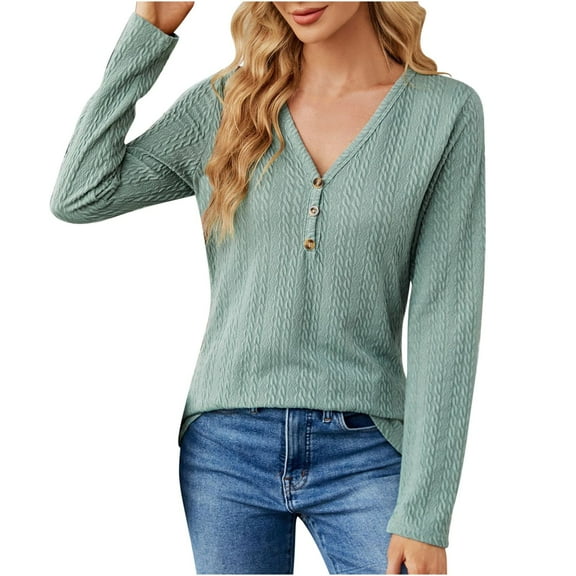 WREESH Womens Fashion Henley Tops Solid Color Jacquards Knitting V-Neck Button Loose Long Sleeve T-Shirt Pullover Olive Green