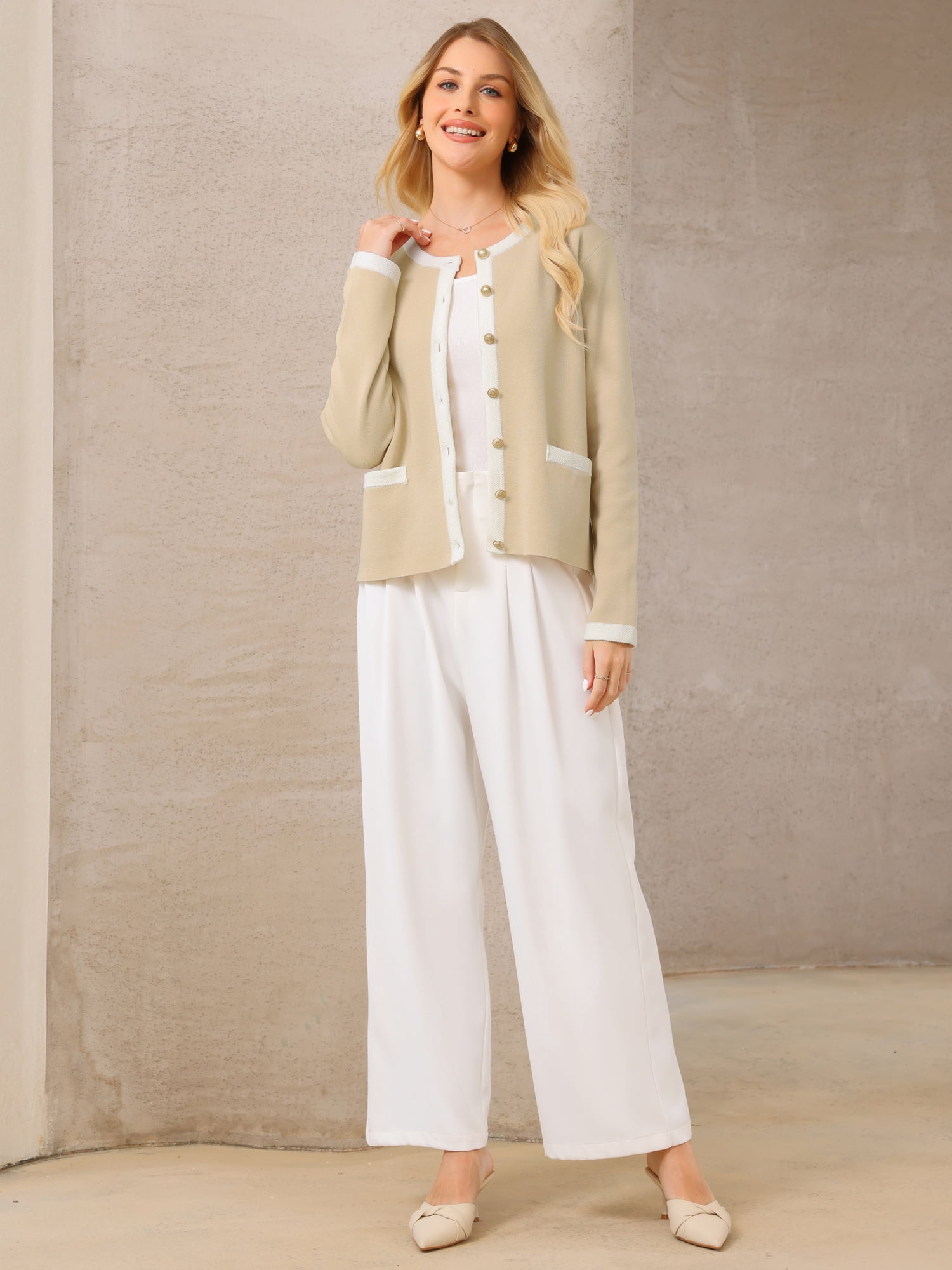 DARING DIVA Women's Contrast Color Long Sleeve Knit Cardigan Sweater S Khaki