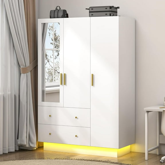 3 Doors Armoire Wardrobe Closet with Mirror and LED Lights, Armoire with Doors and Drawers, Modern Wooden Armoire Wardrobe Closet with Hanging Rod for Bedroom