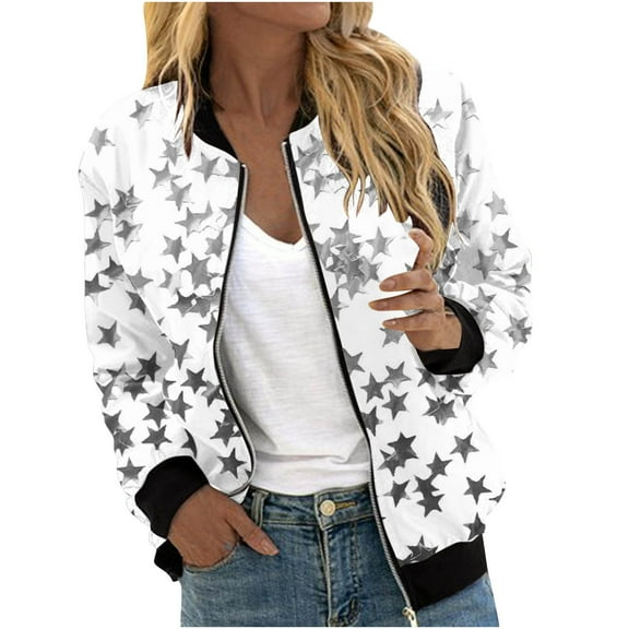 TFEOQRY Women's Star Print Flight Jacket Long Sleeve Zip Up Coat Casual Fashion Fall Winter Outerwear Black