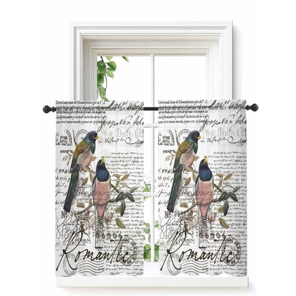 Vintage Birds Curtains 45 Inch Length, Sheer Curtains for Bedroom Living Room Window Envelope Postmark Farmhouse Botancial Rod Pocket Voile Drapes Kitchen Curtains Small Half Window 52"x45" 2 Panels