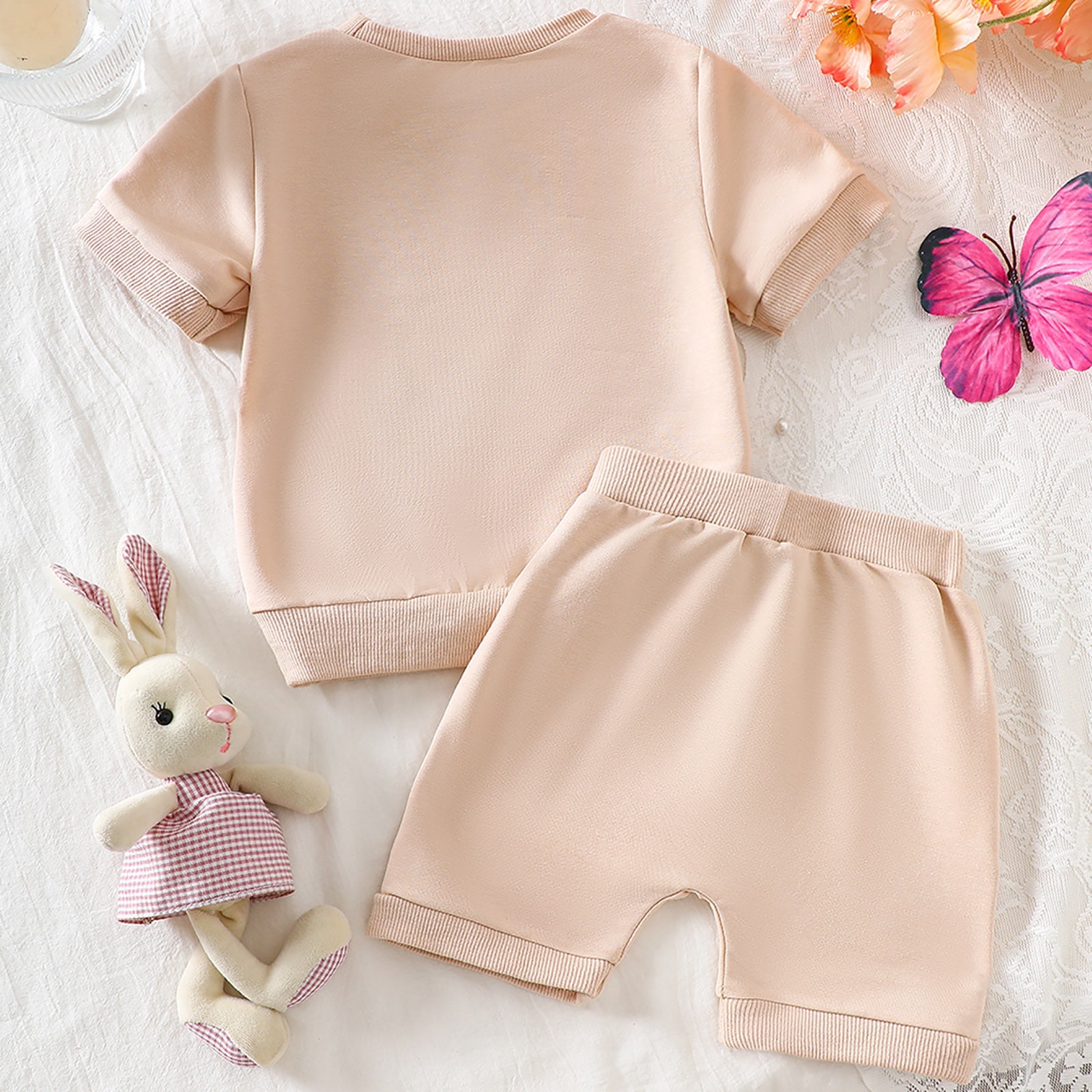 Faraee Toddler Girls Clothes Embroidery Cotton Summer Outfit Baby Kids Short Sleeve T-Shirt Tops Drawstring Pockets Shorts Clothing Set 3 6 12 18 24 Months 2t 3t Beige