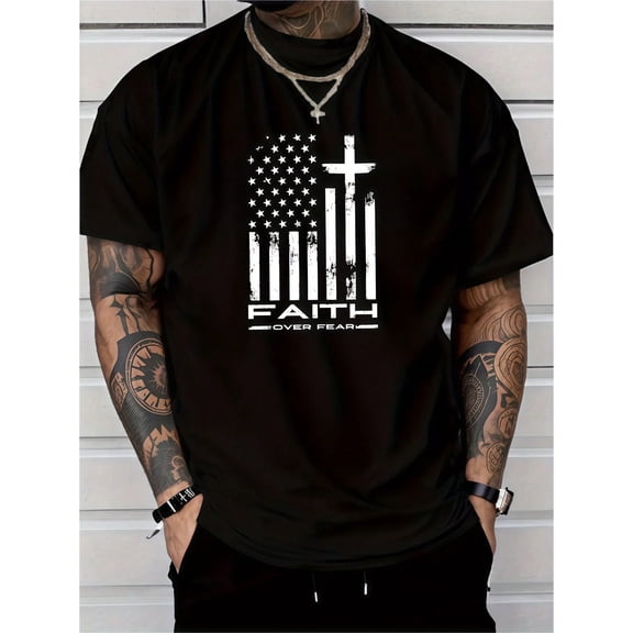 Men's Clothing Faith Flag Printed Black Tshirt, Graphic Tee, Summer Tops, Shirt, Unisex Casual Crew Neck Tshirt, Men's