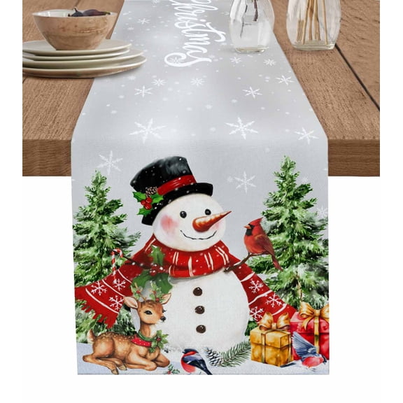 Christmas Snowman Table Runner 60 Inches, Grey Xmas Tree Elk Gifts Snowflake Bed Runner Dresser Scarves Tabletop for Indoor Outdoor Parties/Ceremony/Banquet, 13" x 60"