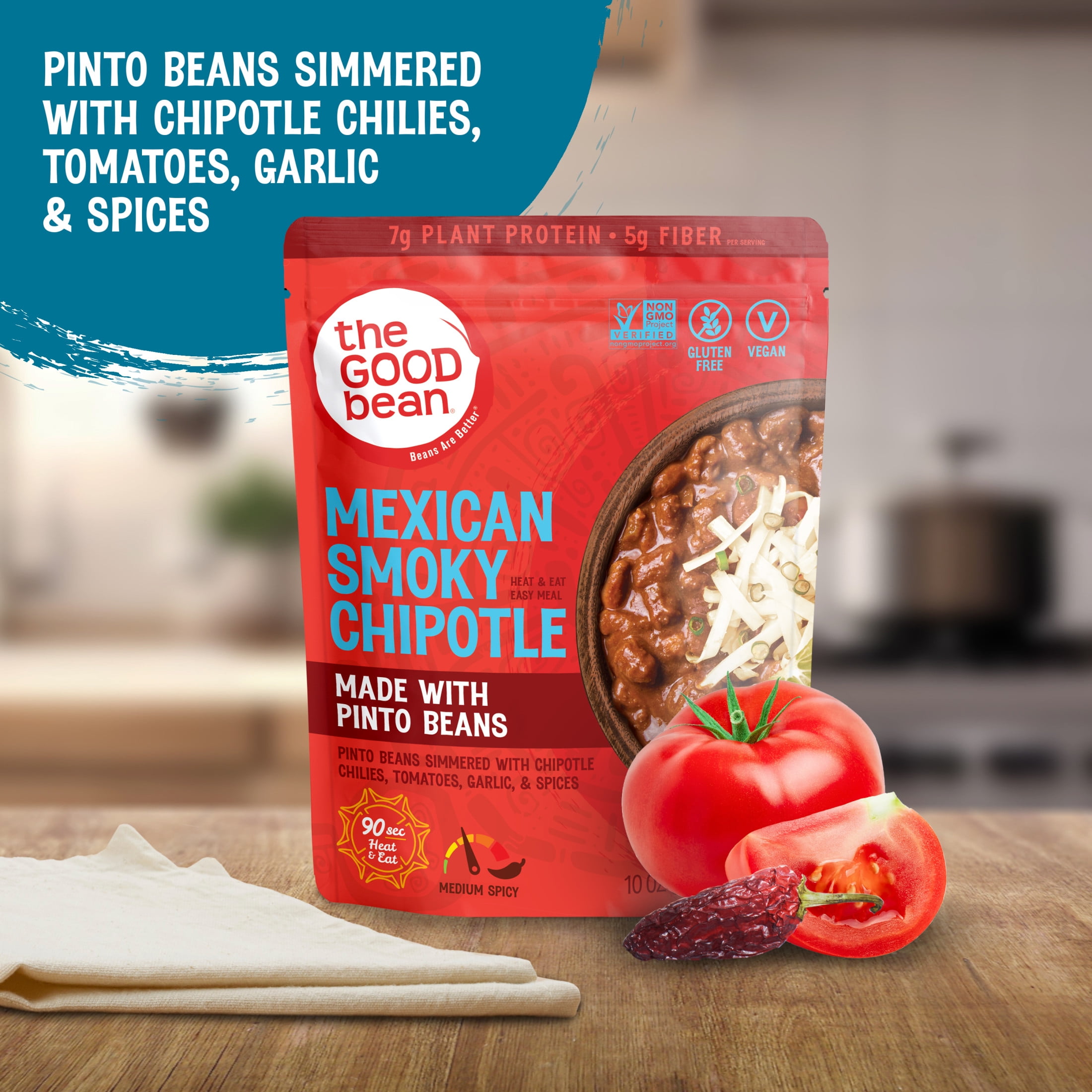 (4 pack) The Good Bean Heat and Eat Pouch, Mexican Smoky Chipotle Pinto Beans, 10 oz