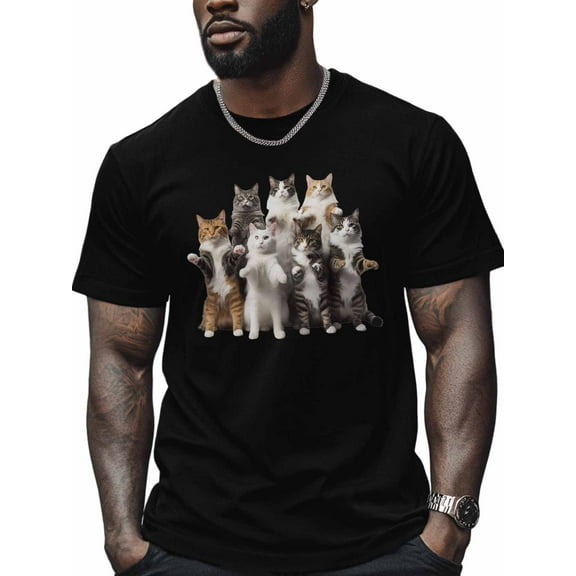 Seven Kittens Men's T Shirts Standing Cat T-Shirt for Men Animal Crew Neck Tees Cotton Tops, Black, S