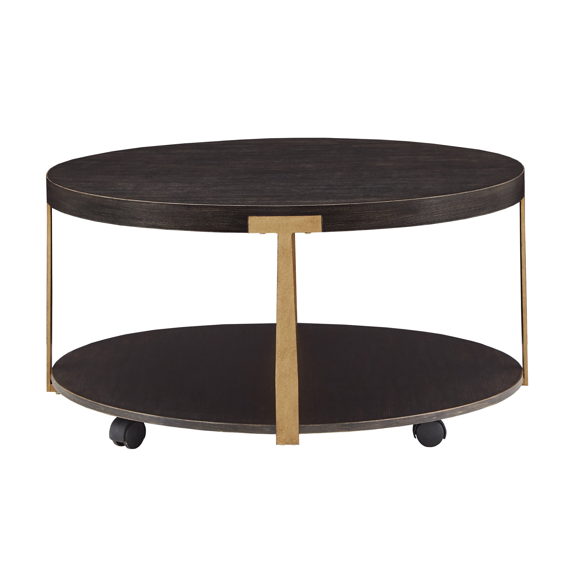 Weston Home Ario Wood and Metal T-Brace Round Coffee Table, Brown Finish