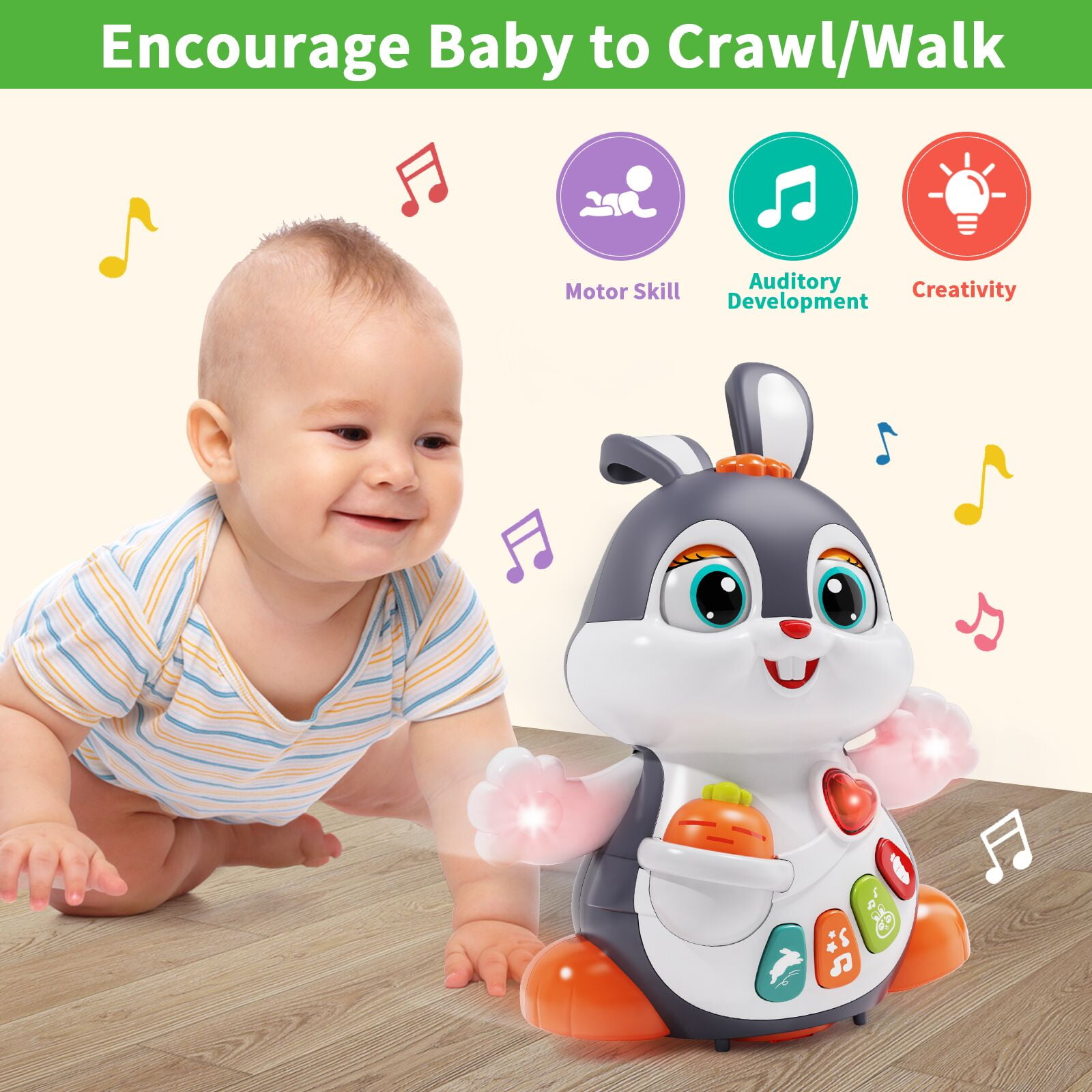 Wanonoo Easter Bunny Toys Baby Toy 6-12 12-18 Months Tummy Time Dancing Crawling Toy with Lights & Sounds, Easter Basket Stuffers, Infant Toys for 3 4 5 6 7 8 9 10 11 12 Months, Birthday Easter Gifts