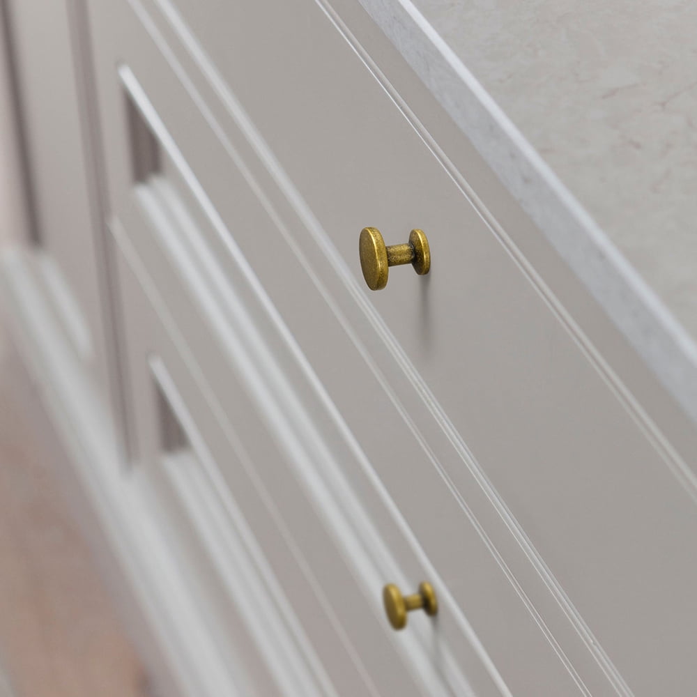 Goo-Ki Set of 12 Sleek Antique Brass Cabinet Knobs with Cylindrical Stem – Vintage Kitchen Drawer Handles Minimalist Dresser Hardware
