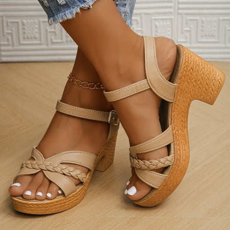 

Ankle Strap High Heels Sandals for Women 2024 Summer Platform Gladiator Sandalias Mujer Weaving Cross Band Chunky Heeled Sandles Camel 40