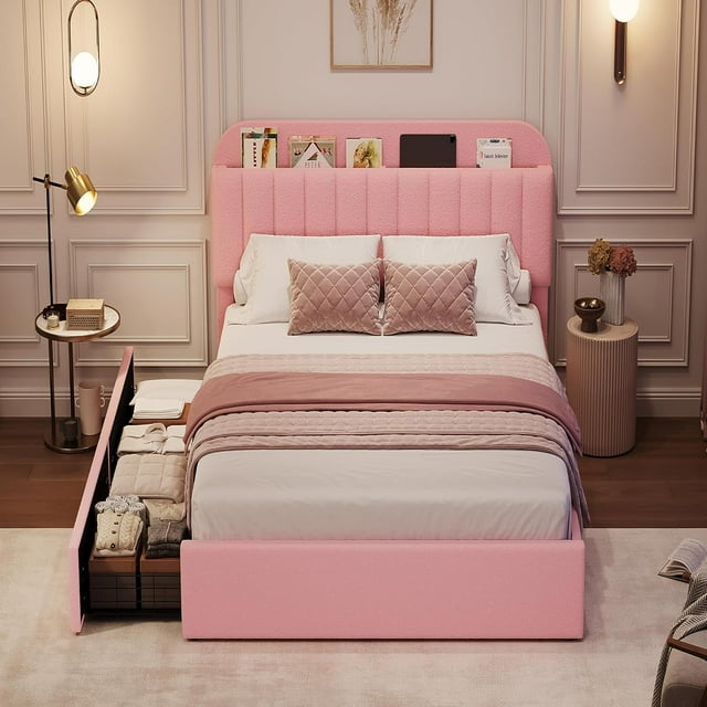 Royalbelle Queen Size Bed Frame with Storage Headboard,Girls Bed Frame with 2 Drawers,Boucle UpholsteRed Platform Bed with Bookcase,No Box Spring Needed,Easy Assembly,Pink