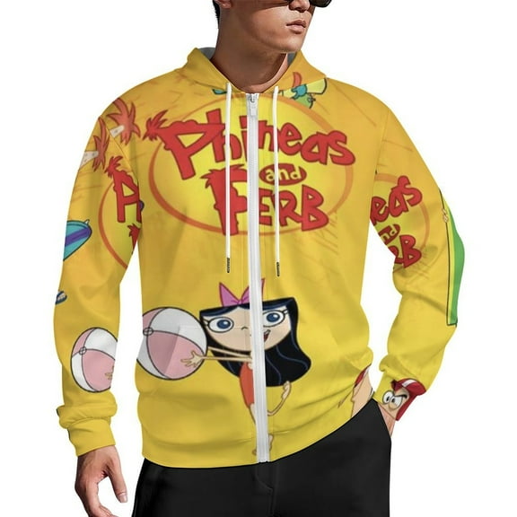Phineas And Ferb Zip Up Hoodies Unisex Realistic 3D Print Sweatshirt Long Sleeve Hooded Jacket Coat S