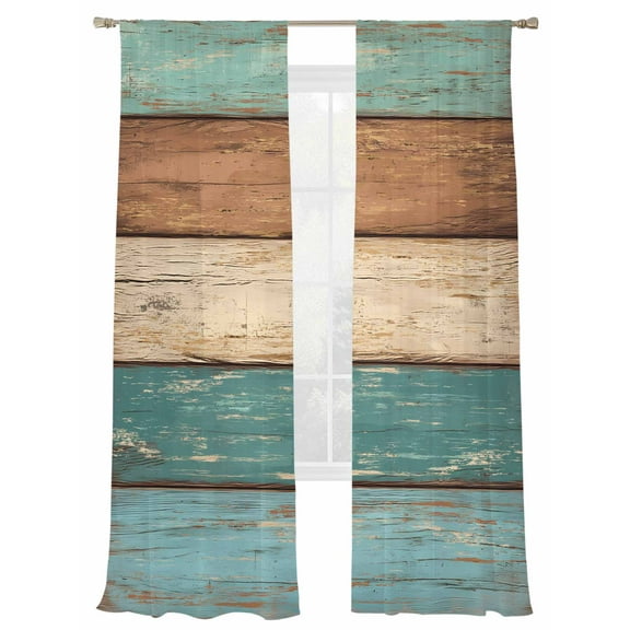 Teal Turquoise Sheer Curtains 108 Inch Length 2 Panels Set, Semi Transparent Voile Rod Pocket Curtains for Living Dining Room Bedroom Drapes Retro Farmhouse Wood Grain Brown