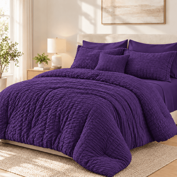 SUNNY HEAT Queen Size Comforter Set, 7-Piece Seersucke Bed in a Bag, Purple All Season Ultra Soft Down Alternative Bedding Set with Sheets, Pillowcases & Pillow Shams