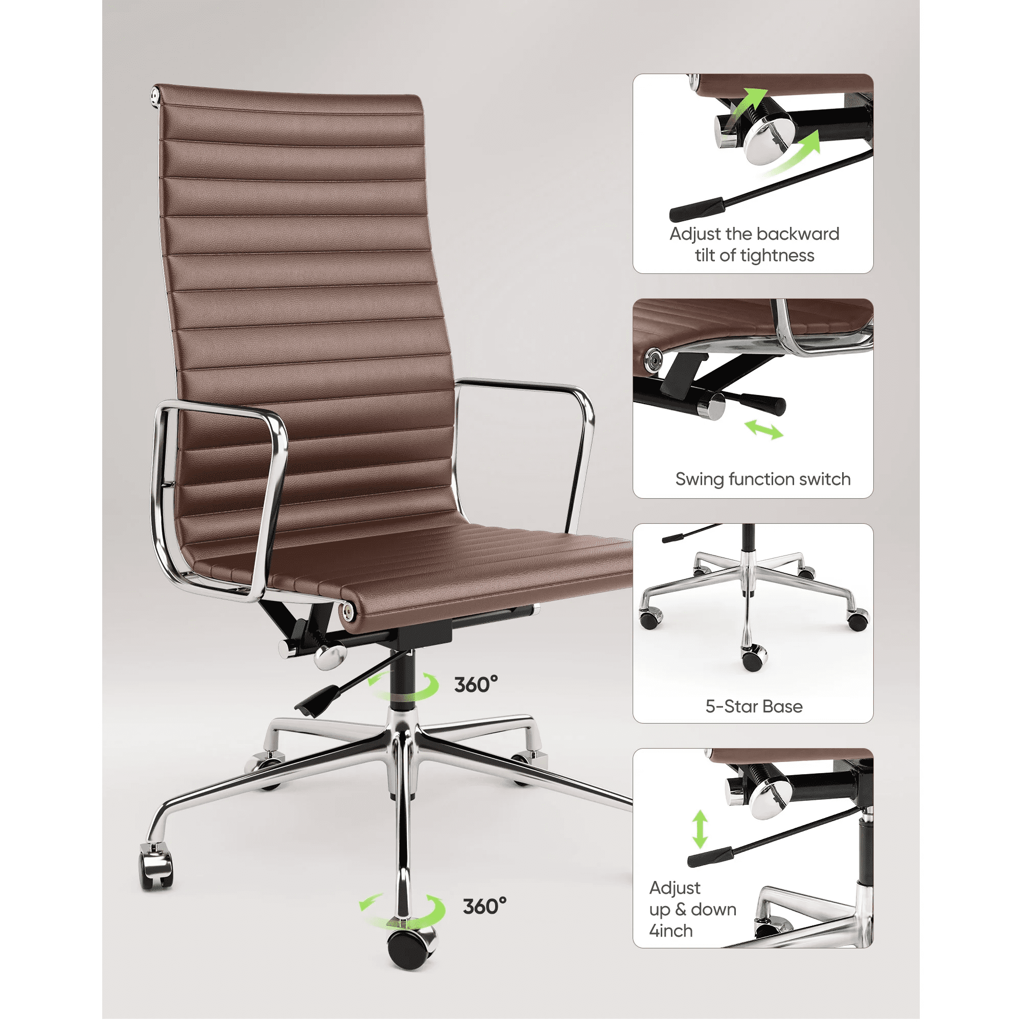 Raffle Pinker Ribbed Genuine Leather Office Desk Chair High Back Executive Conference Room Chair Adjustable Computer Chair Swivel Chair with Arms for Home Office, Brown