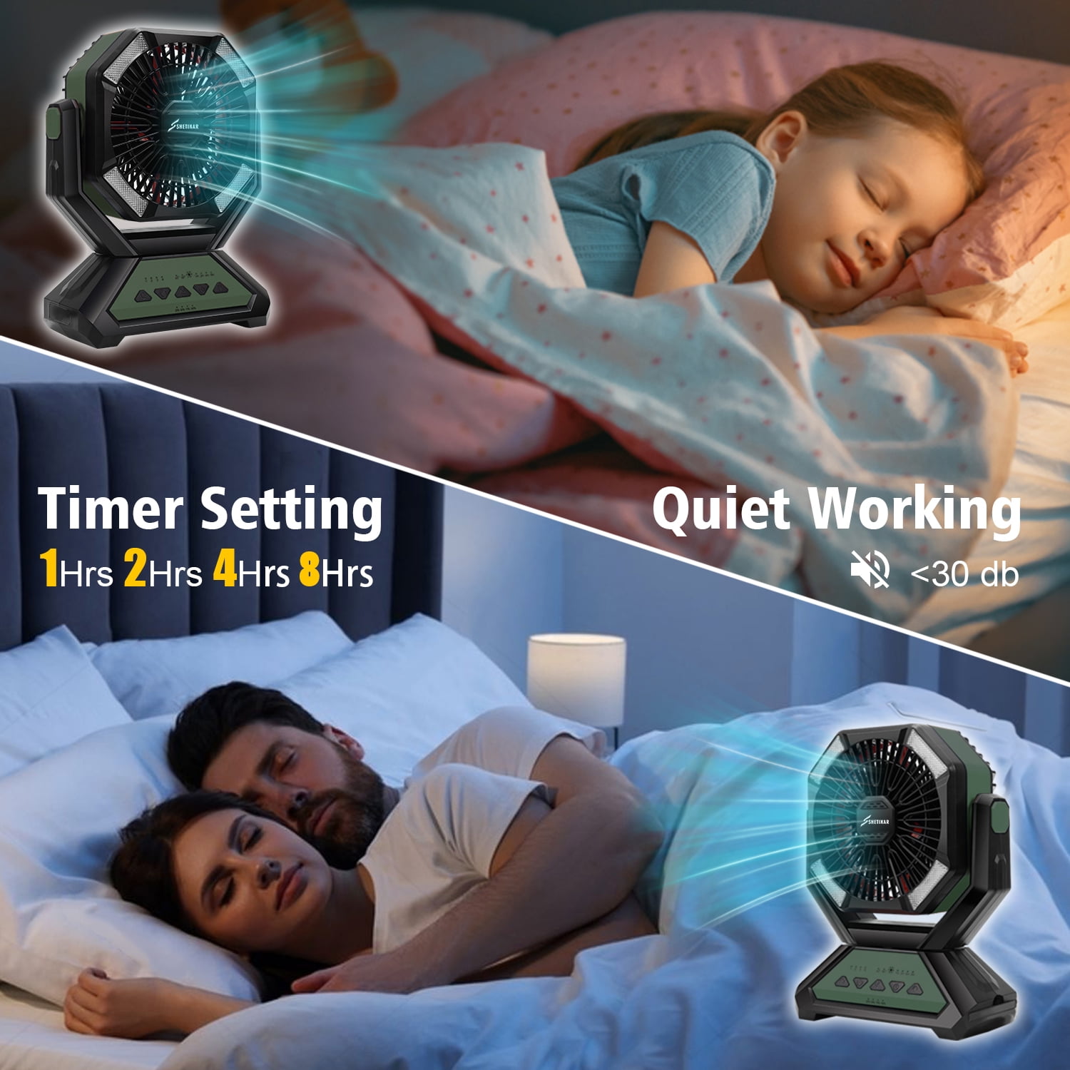 SHETINAR 20000mAh Camping Fan Battery Powered Fan 4-Speed Tabletop Fan with Charging, Hooks, Timer, Portable Fan for Office,Bedroom,Outdoor,Power Outage,Hurricane,Travel.Green